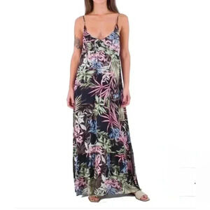 Hurley Maxi Dress Tropical Leaf Print XL Black Multi-colour Floral Dress